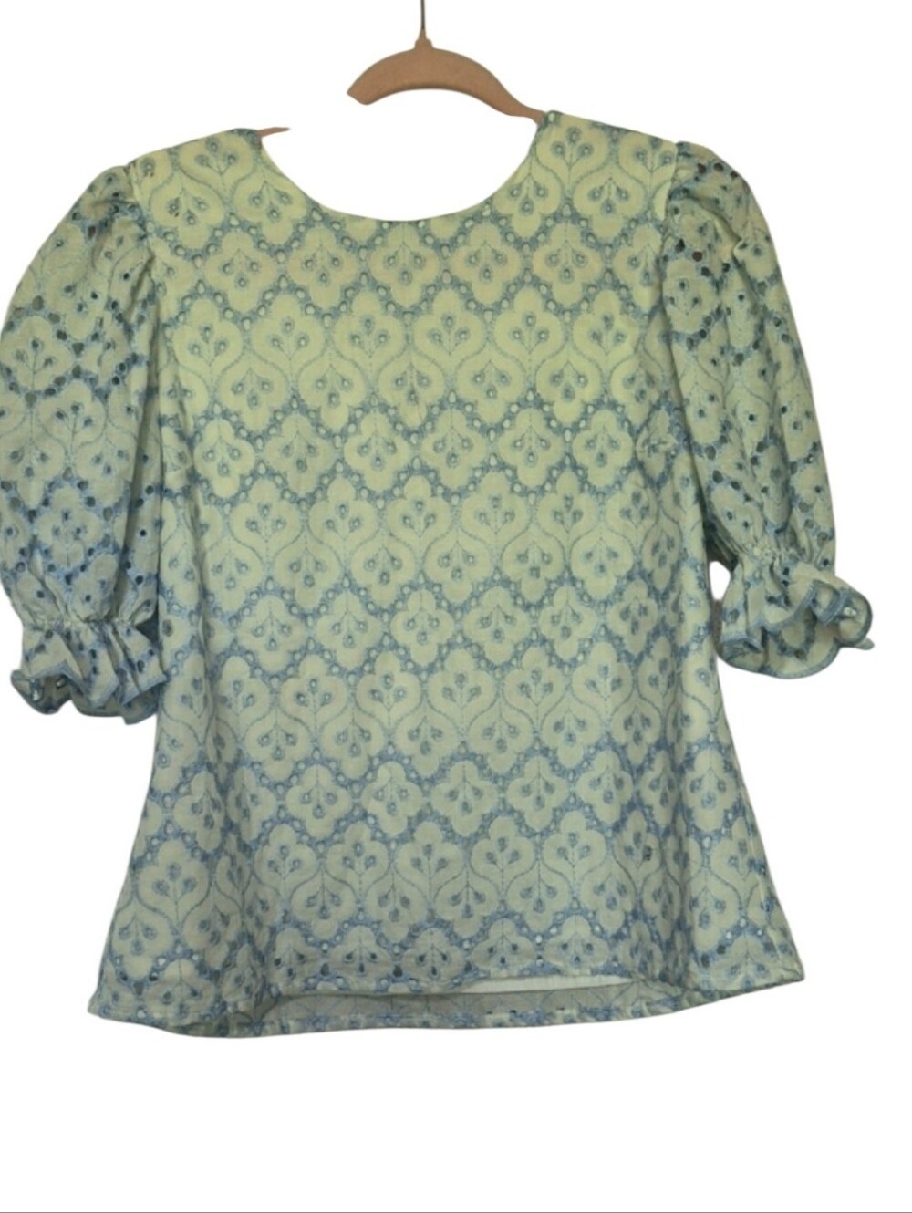 Atelier Camille Paris Blue White Eyelet Embroidered Puff Sleeve Blouse Size M
